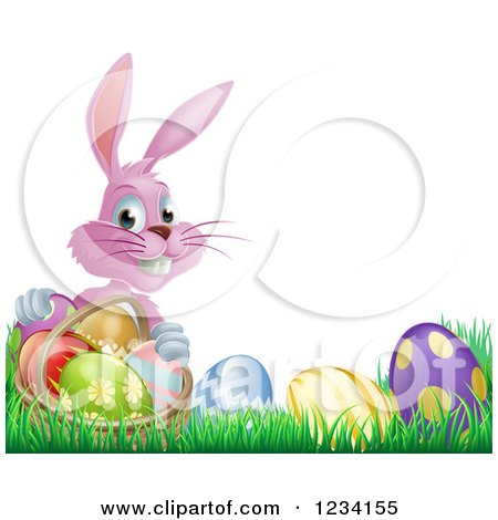 Clipart of a Pink Bunny Holding Basket by Easter Eggs - Royalty Free Vector Illustration by AtStockIllustration
