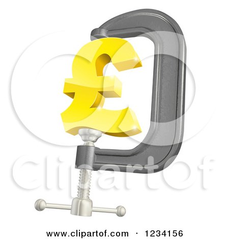 Clipart of a 3d Golden Pound Currency Symbol in a Clamp - Royalty Free Vector Illustration by AtStockIllustration