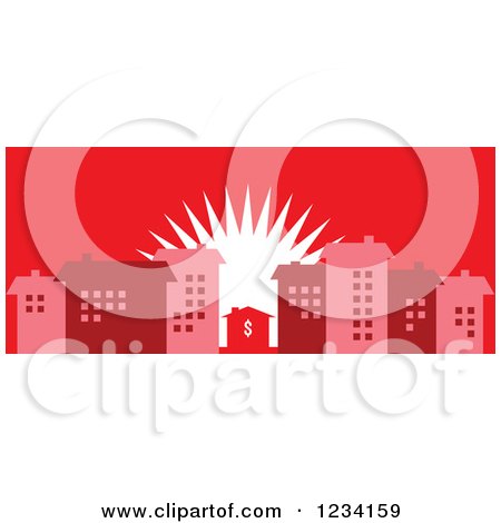Clipart of a Little Dollar House Surrounded by Buildings at Sunrise, in Red Tones - Royalty Free Vector Illustration by BestVector