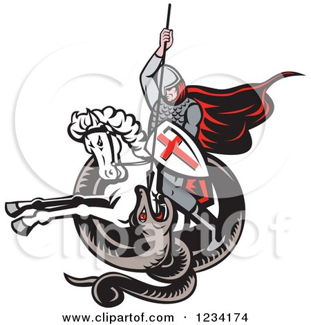 Clipart of a Horseback English Knight Spearing a Snake - Royalty Free Vector Illustration by patrimonio