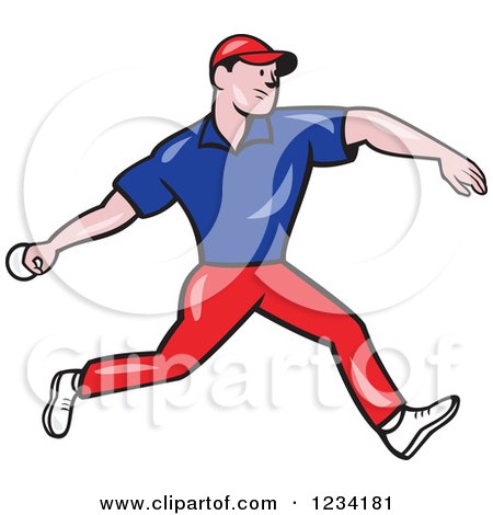 Clipart of a Cricket Bowler in Blue and Red - Royalty Free Vector Illustration by patrimonio