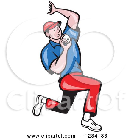Clipart of a Cricket Bowler in Red and Blue - Royalty Free Vector Illustration by patrimonio