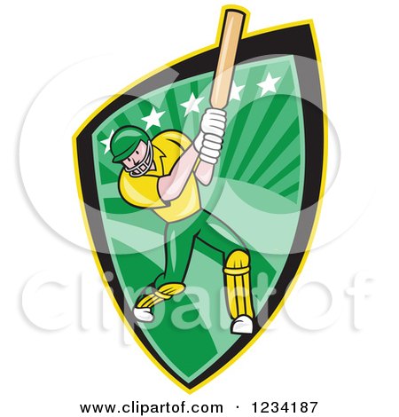 Clipart of a Cricket Batsman in a Green Shield - Royalty Free Vector Illustration by patrimonio