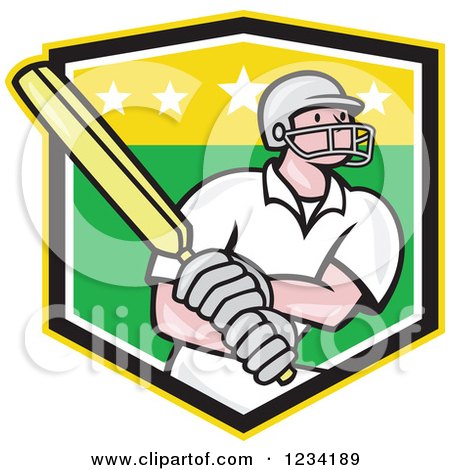 Clipart of a Cricket Batsman in a Green and Yellow Shield - Royalty Free Vector Illustration by patrimonio