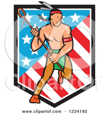 Clipart of a Native American Lacrosse Player with a Stick over an American Shield - Royalty Free Vector Illustration by patrimonio
