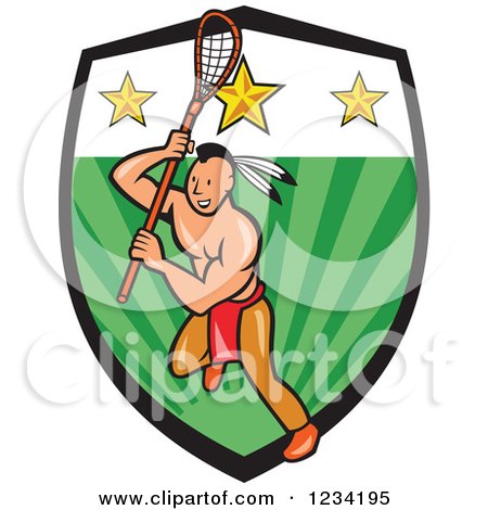 Clipart of a Native American Lacrosse Player with a Stick over a Green and Star Shield - Royalty Free Vector Illustration by patrimonio