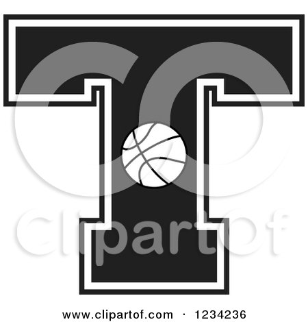 Clipart of a Black and White Basketball Letter T - Royalty Free Vector Illustration by Johnny Sajem