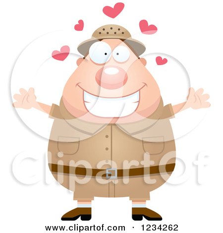 Clipart of a Safari or Explorer Man with Open Arms and Hearts - Royalty Free Vector Illustration by Cory Thoman