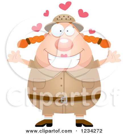 Clipart of a Safari or Explorer Woman with Open Arms and Hearts - Royalty Free Vector Illustration by Cory Thoman
