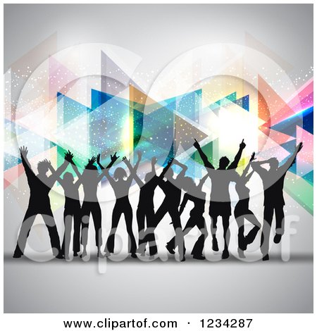 Clipart of Silhouetted Dancers over Colorful Triangles - Royalty Free Vector Illustration by KJ Pargeter