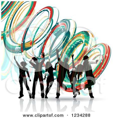 Clipart of Silhouetted Dancers over Colorful Spirals - Royalty Free Vector Illustration by KJ Pargeter