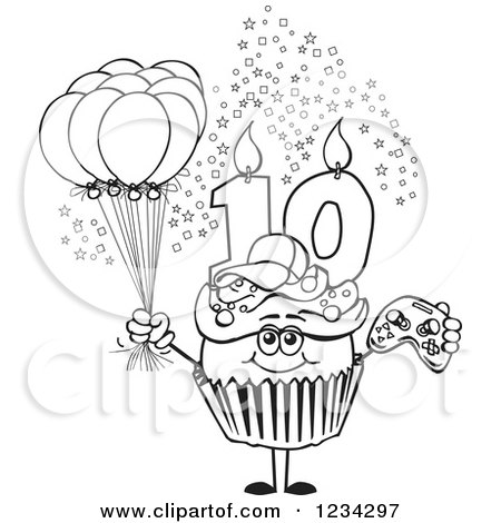 Clipart of an Outlined Boys Tenth Birthday Cupcake with a Video Game Controller and Balloons - Royalty Free Vector Illustration by Dennis Holmes Designs