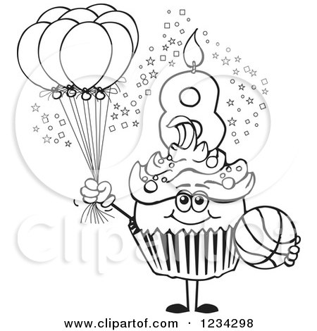 Clipart of an Outlined Boys Eighth Birthday Cupcake with a Basketball and Balloons - Royalty Free Vector Illustration by Dennis Holmes Designs