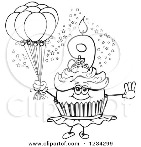 Clipart of an Outlined Girls Ninth Birthday Ballerina Cupcake with Balloons - Royalty Free Vector Illustration by Dennis Holmes Designs