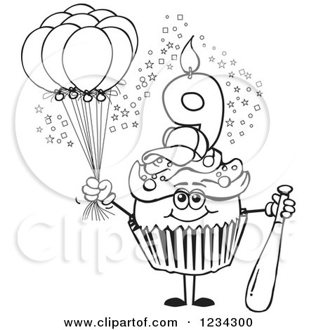Clipart of an Outlined Boys Ninth Birthday Cupcake with a Baseball Bat and Balloons - Royalty Free Vector Illustration by Dennis Holmes Designs