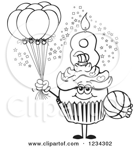 Clipart of an Outlined Girls Eighth Birthday Cupcake with a Basketball and Balloons - Royalty Free Vector Illustration by Dennis Holmes Designs