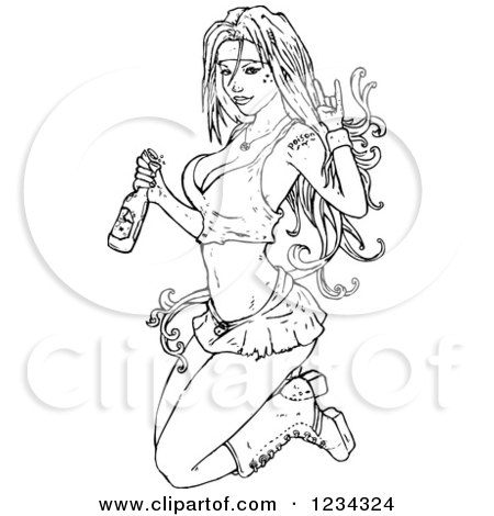 Clipart of a Black and White Sexy Woman Kneeling with Alcohol - Royalty Free Vector Illustration by lineartestpilot