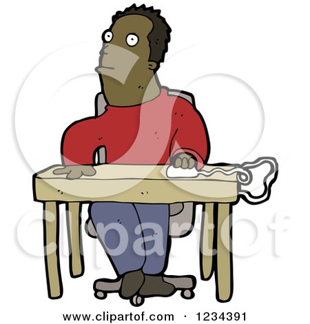 Clipart of a Black Man Using a Computer Mouse at a Desk - Royalty Free Vector Illustration by lineartestpilot
