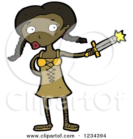 Clipart of a Black Medieval Girl with a Sword - Royalty Free Vector Illustration by lineartestpilot