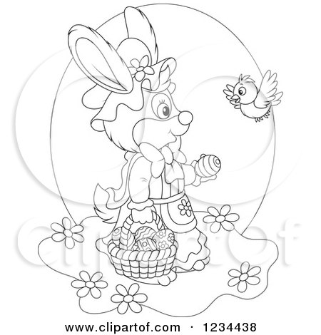 Clipart of an Outlined Bird Talking to a Female Easter Bunny with a Basket of Eggs - Royalty Free Vector Illustration by Alex Bannykh