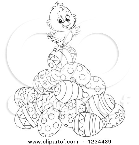 Clipart of an Outlined Easter Chick on a Pile of Eggs - Royalty Free Vector Illustration by Alex Bannykh