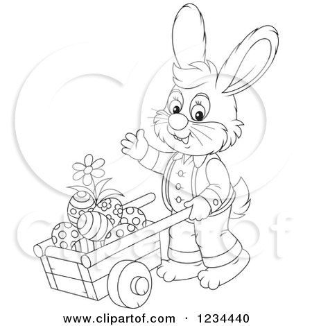 Clipart of an Outlined Male Easter Bunny Pushing Eggs in a Wheelbarrow - Royalty Free Vector Illustration by Alex Bannykh
