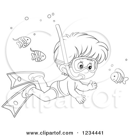 Clipart of an Outlined Boy Snorkeling Around Fish - Royalty Free Vector Illustration by Alex Bannykh