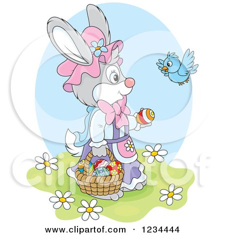 Clipart of a Blue Bird Talking to a Female Easter Bunny with a Basket of Eggs - Royalty Free Vector Illustration by Alex Bannykh
