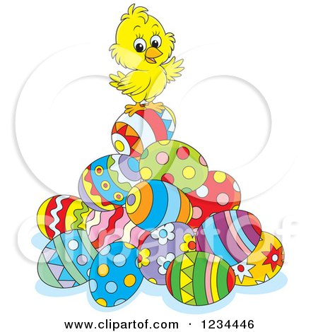 Clipart of a Cute Chick on a Pile of Easter Eggs - Royalty Free Vector Illustration by Alex Bannykh