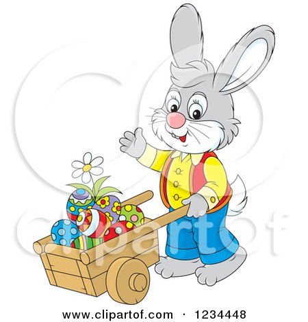 Clipart of a Gray Male Easter Bunny Pushing Eggs in a Wheelbarrow - Royalty Free Vector Illustration by Alex Bannykh