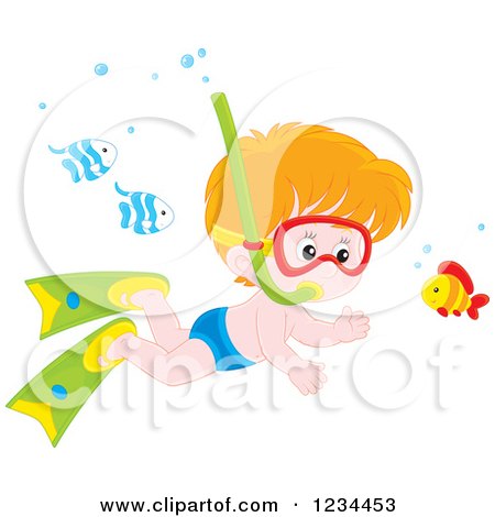 Clipart of a Red Haired Boy Snorkeling Around Fish - Royalty Free Vector Illustration by Alex Bannykh
