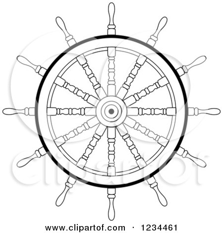 Clipart of a Black and White Nautical Ship Helm Steering Wheel 3 - Royalty Free Vector Illustration by Vector Tradition SM