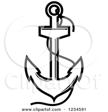 Clipart of a Black and White Nautical Anchor and Rope - Royalty Free Vector Illustration by Vector Tradition SM