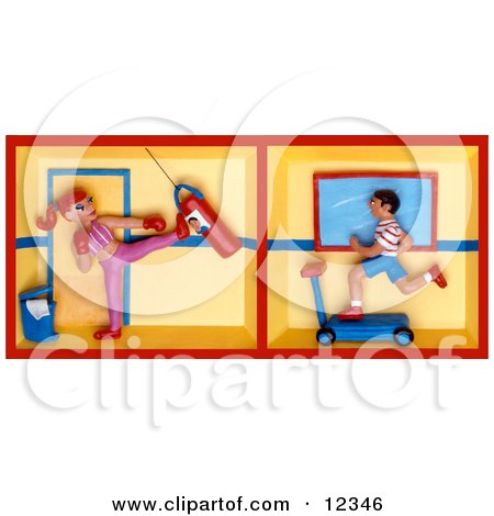 Clay Sculpture Clipart Woman Kickboxing And A Man Running On A Treadmill In A Gym - Royalty Free 3d Illustration  by Amy Vangsgard