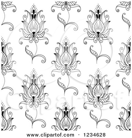 Clipart of a Seamless Black and White Henna Lotus Flower Pattern 2 - Royalty Free Vector Illustration by Vector Tradition SM
