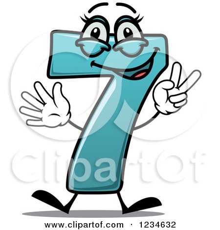 Clipart of a Happy Turquoise Number Seven Holding up 7 Fingers - Royalty Free Vector Illustration by Vector Tradition SM