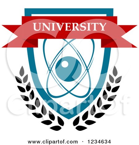 Clipart of a Red University Banner over an Atom Shield and Laurels - Royalty Free Vector Illustration by Vector Tradition SM
