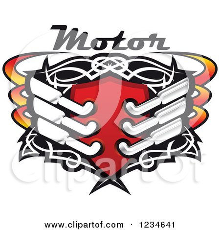 Clipart of a Motor Text over a Red Shield with Tribal Designs and Mufflers - Royalty Free Vector Illustration by Vector Tradition SM