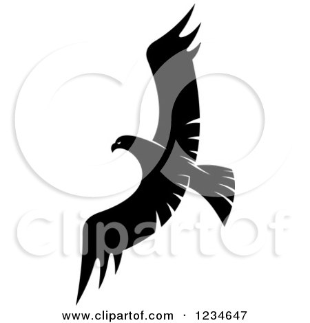 Clipart of a Black and White Eagle Falcon or Hawk Flying - Royalty Free Vector Illustration by Vector Tradition SM