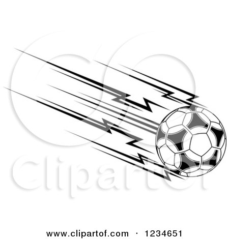 Clipart of a Black and White Flying Soccer Ball 6 - Royalty Free Vector Illustration by Vector Tradition SM