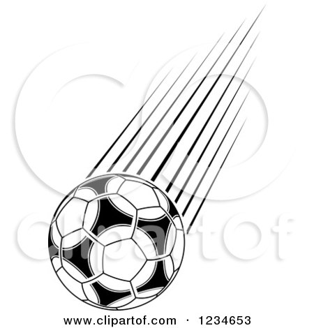 Clipart of a Black and White Flying Soccer Ball 8 - Royalty Free Vector Illustration by Vector Tradition SM
