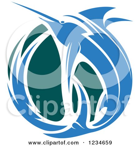 Clipart of a Leaping Blue Marlin Fish and Teal Wave 2 - Royalty Free Vector Illustration by Vector Tradition SM