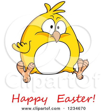 Clipart of a Chubby Yellow Chick and Happy Easter Text - Royalty Free Vector Illustration by Vector Tradition SM
