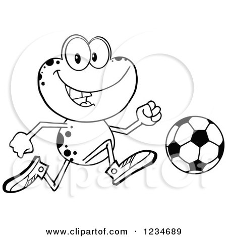 Clipart of a Black and White Frog Character Playing Soccer - Royalty Free Vector Illustration by Hit Toon