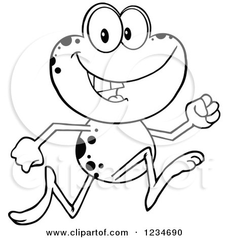 Clipart of a Black and White Frog Character Running - Royalty Free Vector Illustration by Hit Toon