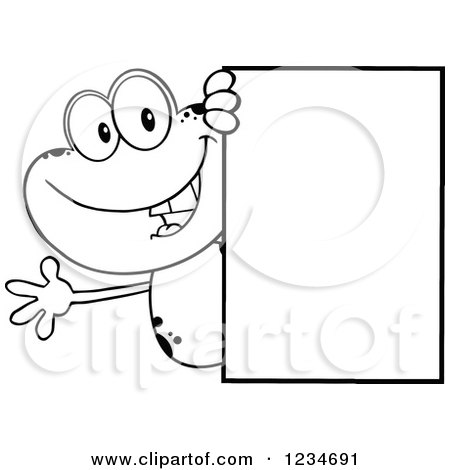 Clipart of a Black and White Frog Character Waving Around a Blank Sign - Royalty Free Vector Illustration by Hit Toon