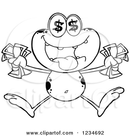Clipart of a Black and White Greedy Frog Character with Cash Money and Dollar Eyes - Royalty Free Vector Illustration by Hit Toon