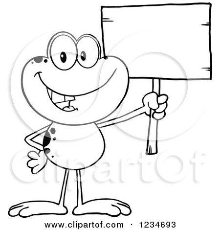 Clipart of a Black and White Frog Character Holding up a Blank Sign - Royalty Free Vector Illustration by Hit Toon