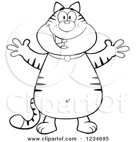 Clipart of a Black and White Tabby Cat Standing with Open Arms - Royalty Free Vector Illustration by Hit Toon