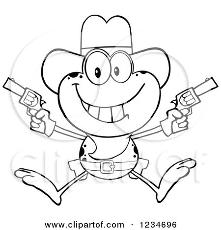 Clipart of a Black and White Cowboy Frog Character Shooting Pistols - Royalty Free Vector Illustration by Hit Toon